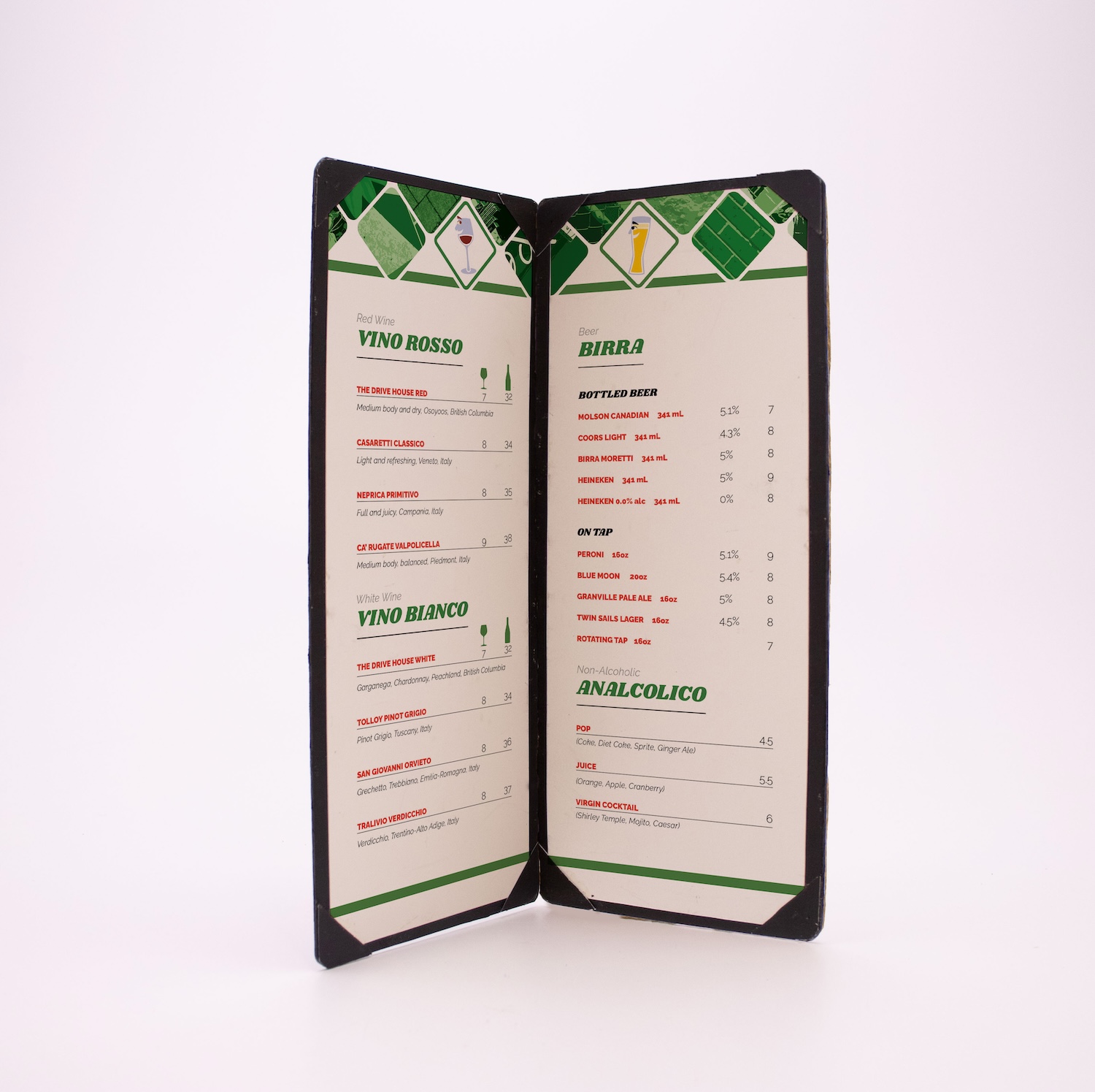 Miliano’s drinks menu front cover